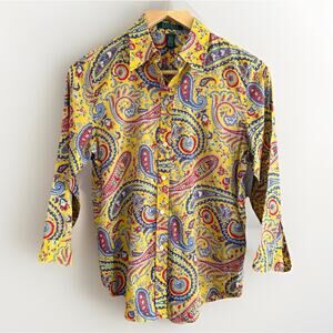 Lauren Ralph Lauren Paisley Button-Up Shirt Yellow Cotton‎ Boho Retro Women's XS